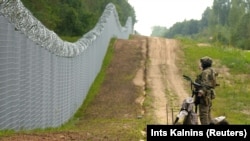 Супрацоўнік латвійскага спецпадраздзялення патрулюе агароджe на латвійска-беларускай мяжы, 8 жніўня 2023