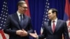 Predsednik Srbije Aleksandar Vučić sa državnim sekretarom Sjedinjenih Američkih Država Markom Rubiom u Njujorku, na marginama zasedanja Generalne skupštine Ujedinjenih nacija, 23. septembar 2025. 